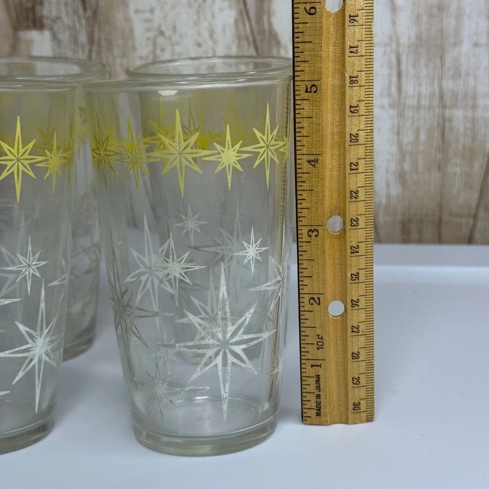 Vintage Hazel Atlas Starburst Glass Tumblers Set of 4 Yellow White Mid Century
